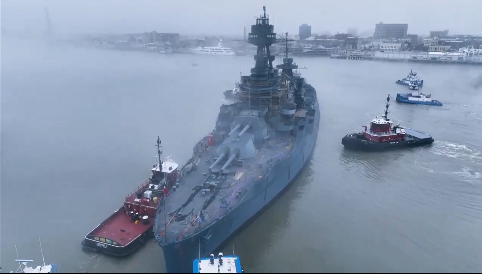 The Boats in TexasThe Battleship Texasback in the waterin Galveston Channel